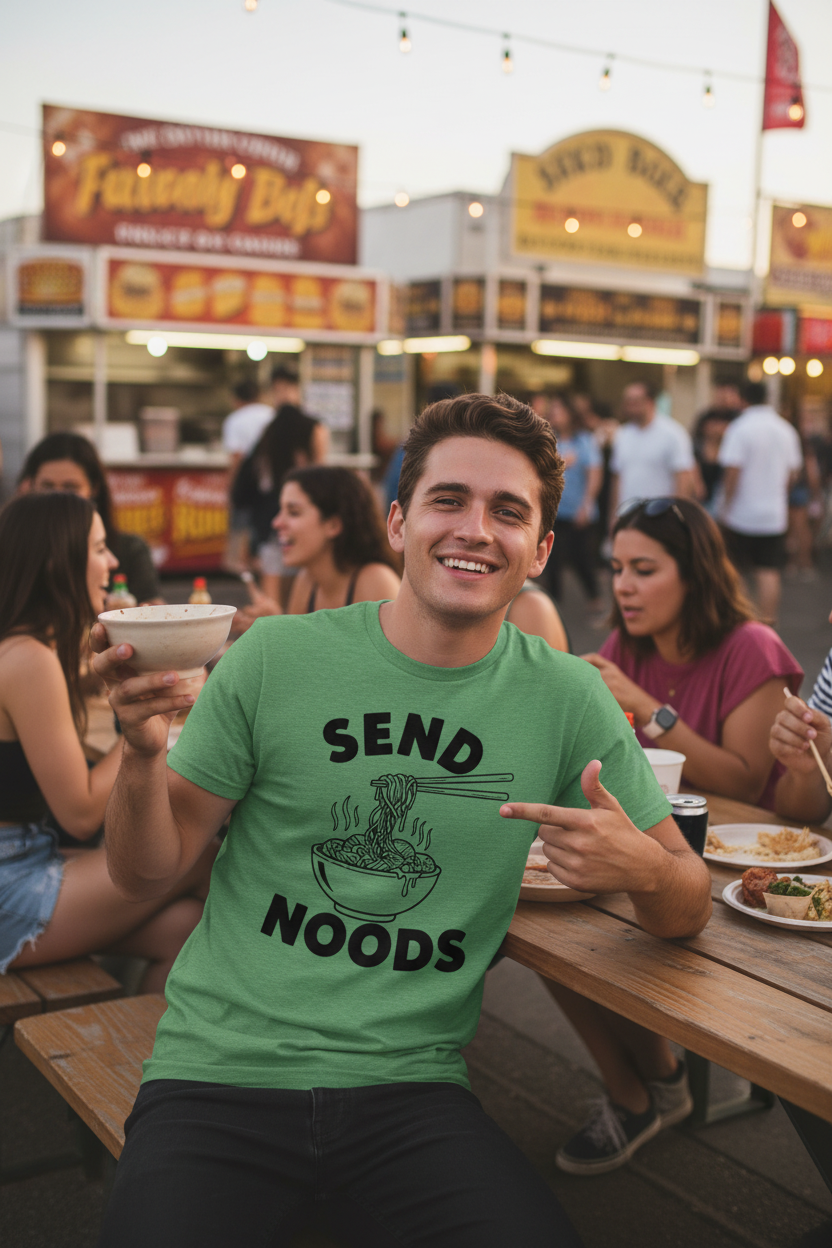 Model wearing Send Noods green t-shirt at a food festival