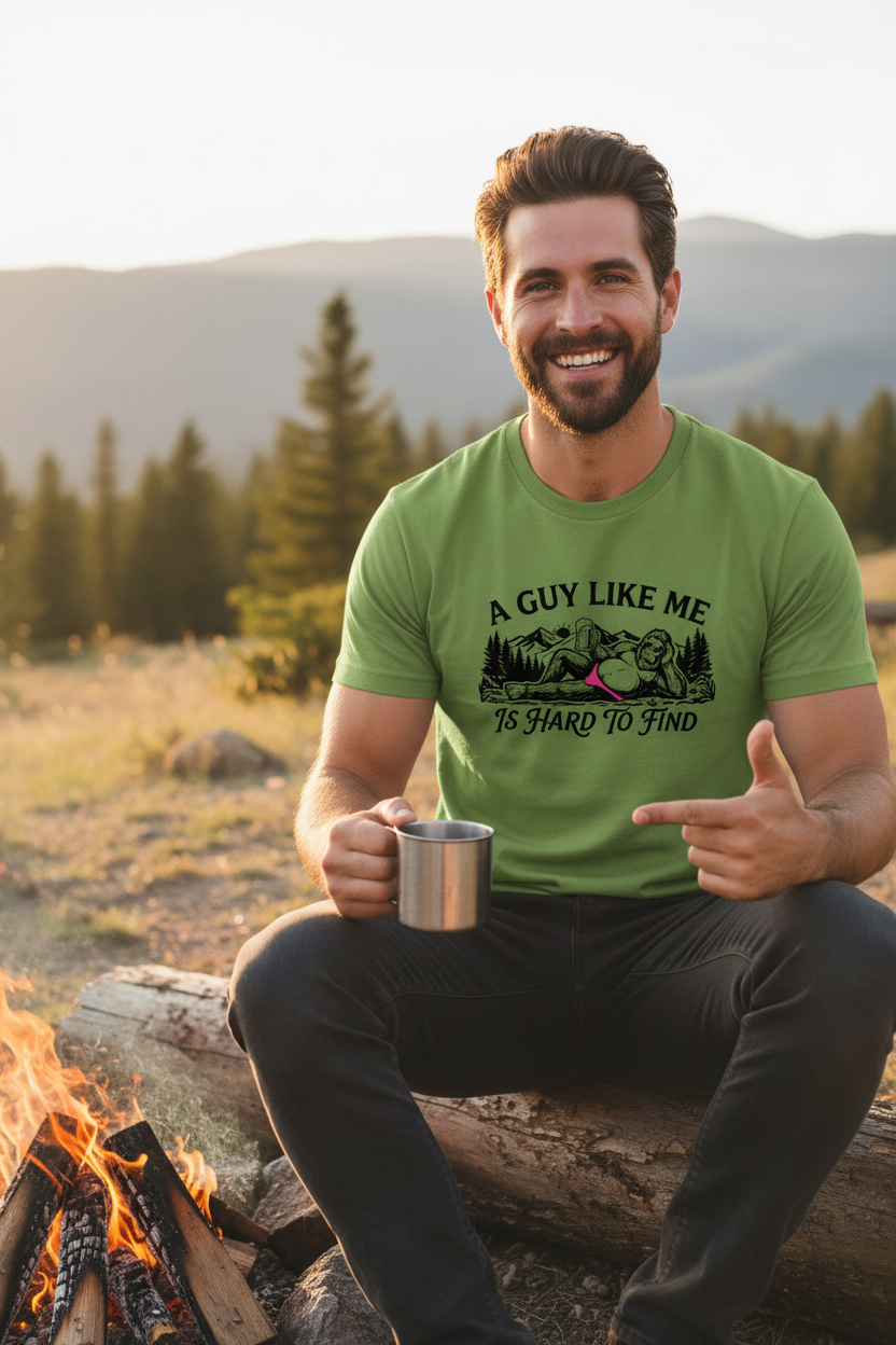 Model wearing Bigfoot A Guy Like Me Is Hard To Find t-shirt outdoors